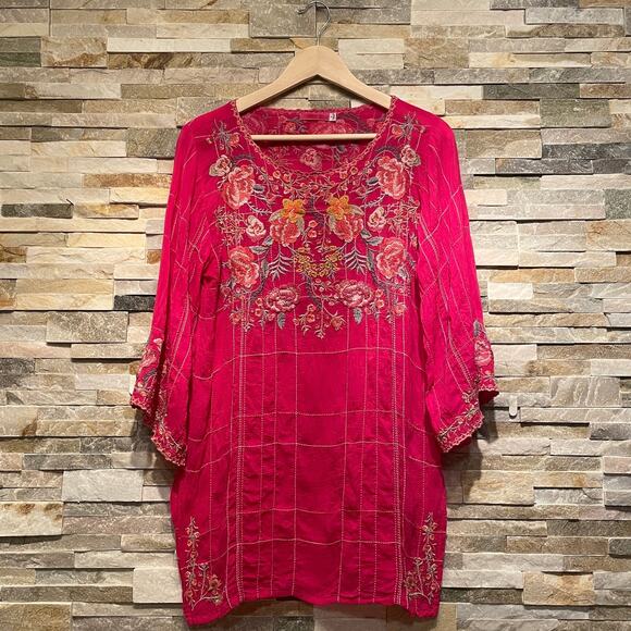 Johnny Was Pink Embroidered Tunic | Kimono Sleeve Boho Top, S, Cupra Rayon $410 - Picture 4 of 11